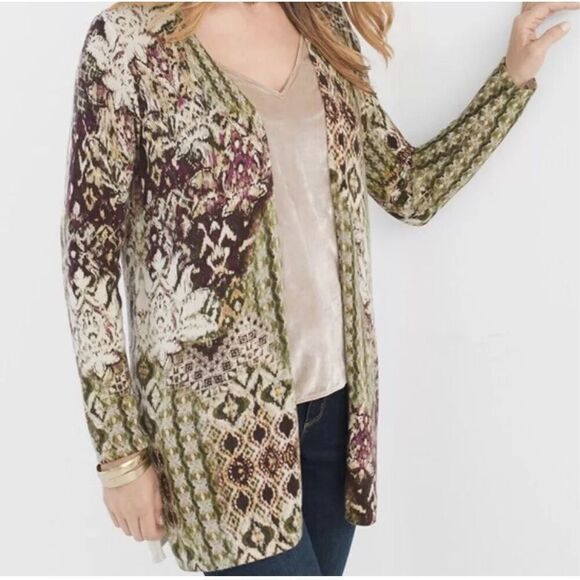 Chico’s Women’s Bohemian Open Front Printed Scroll Cardigan Sweater Size L/12 - Picture 1 of 16
